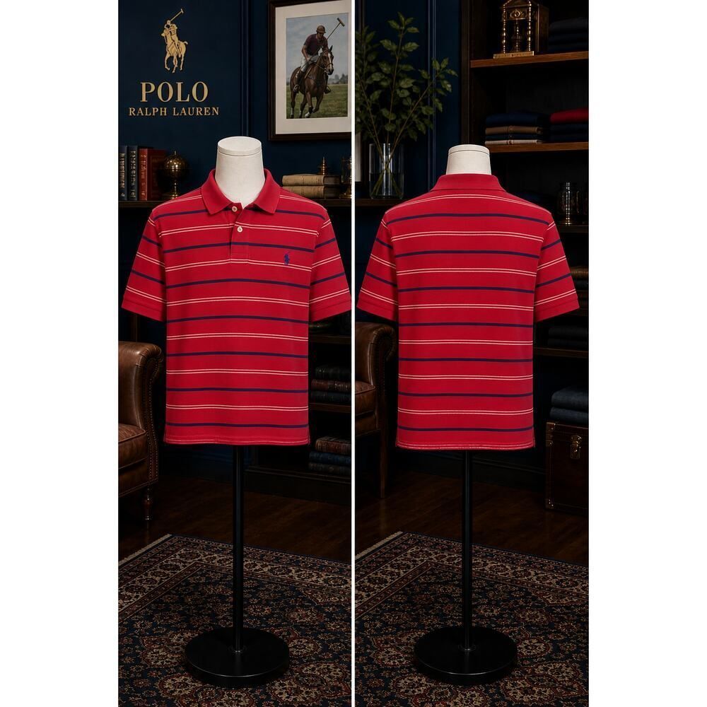 Vintage 90s Polo Ralph Lauren Red Striped Polo Shirt Blue Pony Mens Medium